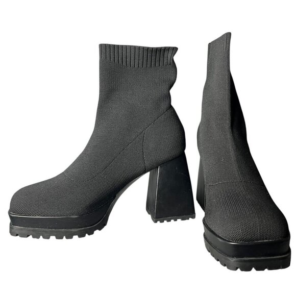 Shoes - Womens 8.5 Sock‎ Boots Platform Chunky Heel Booties Square Toe Slip On Black